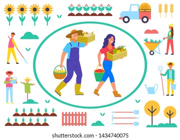 Farming people with vegetables vector, man and woman carrying gathered production. Scarecrow and sunflowers, fence and tree, carriage and tractor. Farm objects