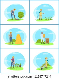 Farming person digging soil land vector. Woman with hose on plantation, male with hayfork on field with bale of hay. Compost and fertilizing liquids
