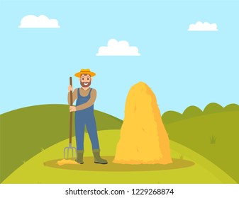 Farming person and hay bale. Man holding hayfork and smiling. Farmland field with green grass and hayrick, haystack and countryside green view vector