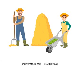 Farming person with hayfork standing by bale dry grass. Woman pushing trolley filled with compost for soil. People on farm isolated icons set vector
