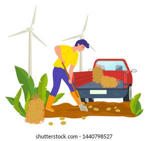 Farming person using shovel vector, man on potato plantation. Farmer on potato plantation, truck for transportation of harvested production wind turbines