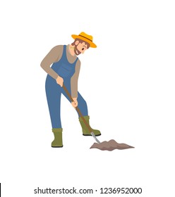 Farming person working on land isolated icon vector. Male wearing uniform and hat digging ground with rural instrument. Planting cultivating farmer