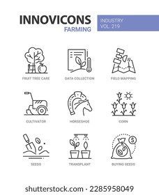 Farming and plants - line design style icons set. Fruit tree care, data collection, field marking, cultivation, corn plantation, plant seeds in the soil, buy seedlings. Sustainable production idea