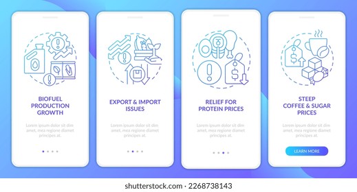 Farming problems blue gradient onboarding mobile app screen. Agro challenges walkthrough 4 steps graphic instructions with linear concepts. UI, UX, GUI template. Myriad Pro-Bold, Regular fonts used