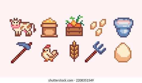 Farming produce: milk, eggs and wheat pixel art set. Country animals: cow and chicken collection. Agriculture product. 8 bit sprite. Game development, mobile app.  Isolated vector illustration.