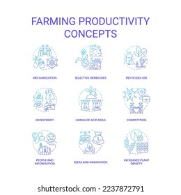 Farming productivity blue gradient concept icons set. Agribusiness. Planting and cultivation idea thin line color illustrations. Isolated symbols. Roboto-Medium, Myriad Pro-Bold fonts used