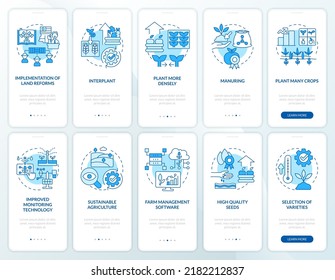 Farming productivity blue onboarding mobile app screen set. Walkthrough 5 steps editable graphic instructions with linear concepts. UI, UX, GUI template. Myriad Pro-Bold, Regular fonts used
