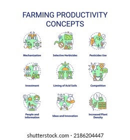 Farming productivity concept icons set. Agribusiness. Planting and cultivation idea thin line color illustrations. Isolated symbols. Editable stroke. Roboto-Medium, Myriad Pro-Bold fonts used