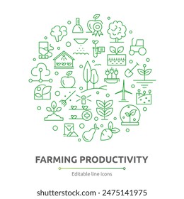 Farming productivity icons. Agricultural business, harvest. UI flat icons set. Outline icon collection. Thin outline icons pack