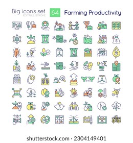 Farming productivity RGB color icons set. Agricultural business. Harvest. Isolated vector illustrations. Simple filled line drawings collection. Editable stroke. Quicksand-Light font used