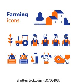 Farming Products Icons Set, Farm House, Fruit Vegetables, Cow Milk, Meat. Flat Design Vector Illustration. Farm Workers And Products Icons