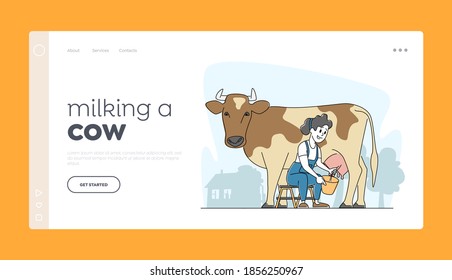 Farming Rancher Girl Working On Animal Farm Landing Page Template. Milkmaid Woman Character In Uniform Milking Cow Into Bucket. Milk And Dairy Farmer Agriculture Production. Linear Vector Illustration