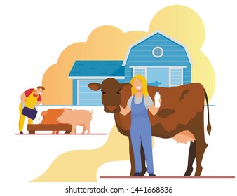 Farming Rancher People Working on Animal Farm. Milkmaid Woman in Uniform Holding Milk Bottle Stand near Cow, Man Feeding Pigs. Dairy, Pork Farmer Agriculture Products, Cartoon Flat Vector Illustration