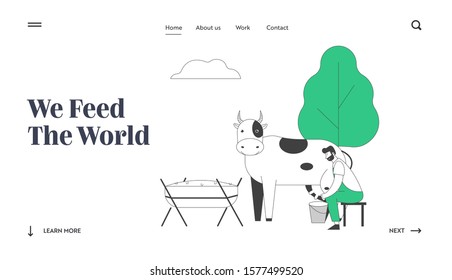 Farming Rancher Working on Animal Farm Website Landing Page. Milkmaid Man Milking Cow to Bucket. Milk and Dairy Farmer Agriculture Products Web Page Banner. Cartoon Flat Vector Illustration, Line Art