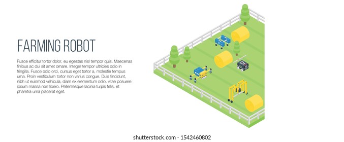 Farming robot concept banner. Isometric illustration of farming robot vector concept banner for web design