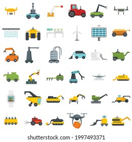 Farming robot icons set. Flat set of farming robot vector icons isolated on white background