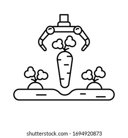 Farming robot. Line art icon of automatic harvesting. Illustration of pulling carrots from ground. Contour isolated vector of modern technology in agriculture, smart computer for high productivity