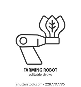 Farming robot line icon. Smart farm technology vector symbol. Agricultural robot claw holding lettuce. Editable stroke.