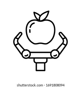 Farming robot logo. Linear icon of apple and robotic claw. Black simple illustration of automation, harvesting machinery, agricultural drone. Contour isolated vector image on white background