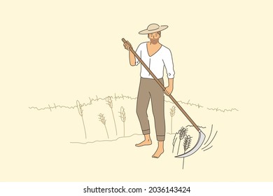 Farming and rural agriculture concept. Young smiling man farmer in hat barefoot standing mowing rye in august harvesting vector illustration 