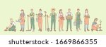 Farming, rural life, gardening, agriculture set concept. Group young of people, men, women, agricultural workers together in village farm. Planting trees, seeding. Rural lifestyle. Simple vector