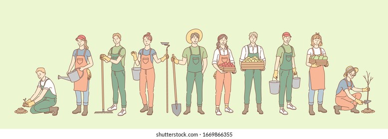 Farming, rural life, gardening, agriculture set concept. Group young of people, men, women, agricultural workers together in village farm. Planting trees, seeding. Rural lifestyle. Simple vector