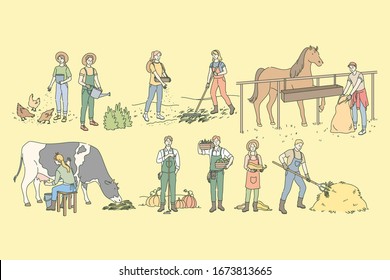 Farming, rural life, husbandry, agriculture set concept. Group of people, men and women farmers agricultural workers in village. Rural life. Seeding plants, gardening, feeding horses, chicken, cow.