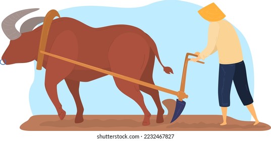 Trabajo rural agrícola con ganado, campesino en granja agrícola, ilustración vectorial. Campo de campo trabajado por arado primitivo