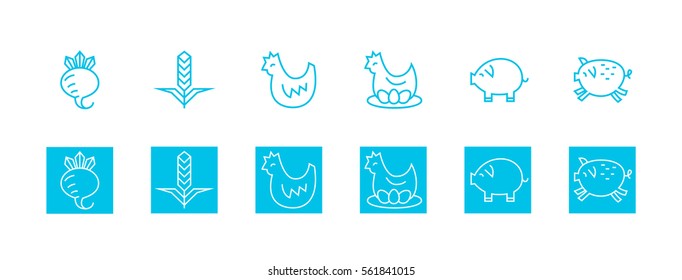 Farming scalable icons with vegetables, pig, chicken and wheat