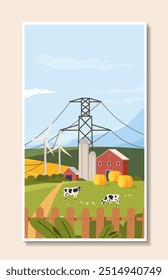 Farming scene poster. Cows near barn and haystacks. Farming and agriculture. Rural village landscape. Flyer, booklet and leaflet. Flat vector illustration isolated on beige background