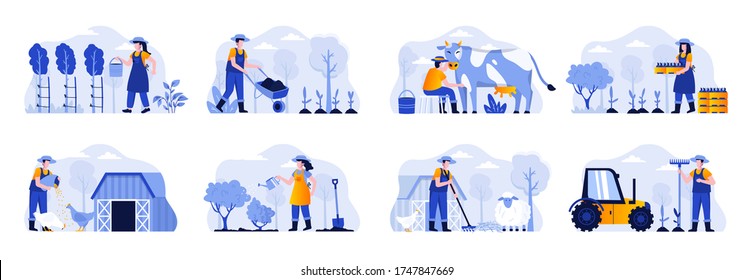 Farming scenes bundle with people characters. Farmers planting and watering crops, gathering harvest, feeding farm animals and milking cow situations. Agricultural workers flat vector illustration.