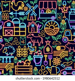 Farming Seamless Neon Pattern. Vector Illustration of Countryside Promotion.