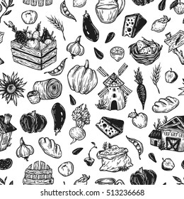 Farming seamless pattern. Farm, harvest, vegetables, fruits, dairy products. Organic farm. Fresh market. 