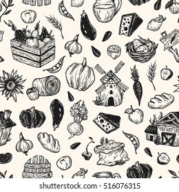 Farming seamless pattern. Farm, harvest, vegetables, fruits, dairy products. Organic farm. Fresh market. 
