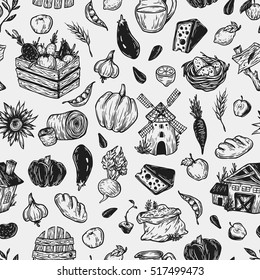 Farming seamless pattern. Farm, harvest, vegetables, fruits, dairy products. Organic farm. Fresh market. 