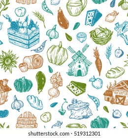 Farming seamless pattern. Farm, harvest, vegetables, fruits, dairy products. Organic farm. Fresh market. 