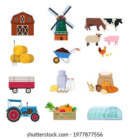 Farming set with agricultural buildings, transport, animals, products and equipment. Farm equipment. Vector illustration on white