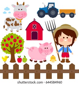 Farming set with animals, tractor and farmer boy. Vector illustration collection