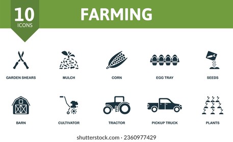 Farming set. Creative icons: garden shears, mulch, corn, egg tray, seeds, barn, cultivator, tractor, pickup truck, plants.