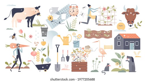 Farming set elements as harvesting and dairy agriculture industry tiny person concept. Items with soil watering, composting and crops planting process vector illustration. Farm work objects collection