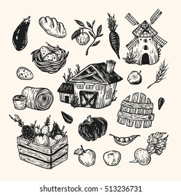 Farming set. Farm, harvest, vegetables, fruits, dairy products. Organic farm. Fresh market. 