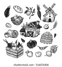Farming set. Farm, harvest, vegetables, fruits, dairy products. Organic farm. Fresh market. 