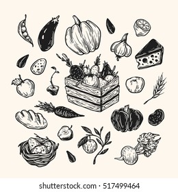 Farming set. Farm, harvest, vegetables, fruits, dairy products. Organic farm. Fresh market. 