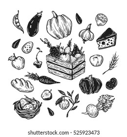 Farming set. Farm, harvest, vegetables, fruits, dairy products. Organic farm. Fresh market. 