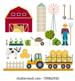 Farming set. Farmer with a pitchfork, tractor with trailer, hay, cow. Agriculture and Farming. Vector illustration.