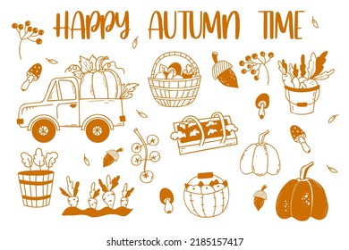 Farming set of hand drawn doodles. Pumpkin truck, carrot patch and mushroom basket, vegetable harvest and greenhouse, pumpkin, tomatoes and mushrooms. Vector illustration. Isolated outline elements