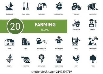 Farming set icon. Contains farming illustrations such as farm tools, organic food, harvester and more.