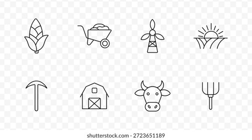 Ícone do conjunto agrícola. Ícones de linha mostrando milho, carriola, moinho de vento, nascer do sol sobre o campo, picareta, celeiro, cabeça de vaca e forquilha