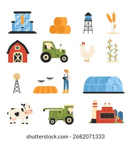 Señal de la agricultura. Conjunto de Vector de granja Doodle. Conjunto moderno de agricultura agrícola. Señales de granja modernas aisladas.