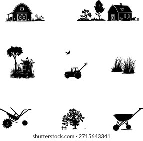 Colección de siluetas agrícolas: granero, casa, tractor, arado, carretilla, cultivos, árbol, pájaro, trabajador para temas rurales